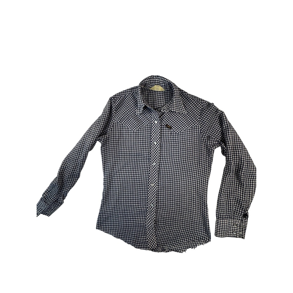 Lee Western Shirt Womens 9/10 Blue Gingham Pearl Snap‎ Vintage Lady Lee USA Fair